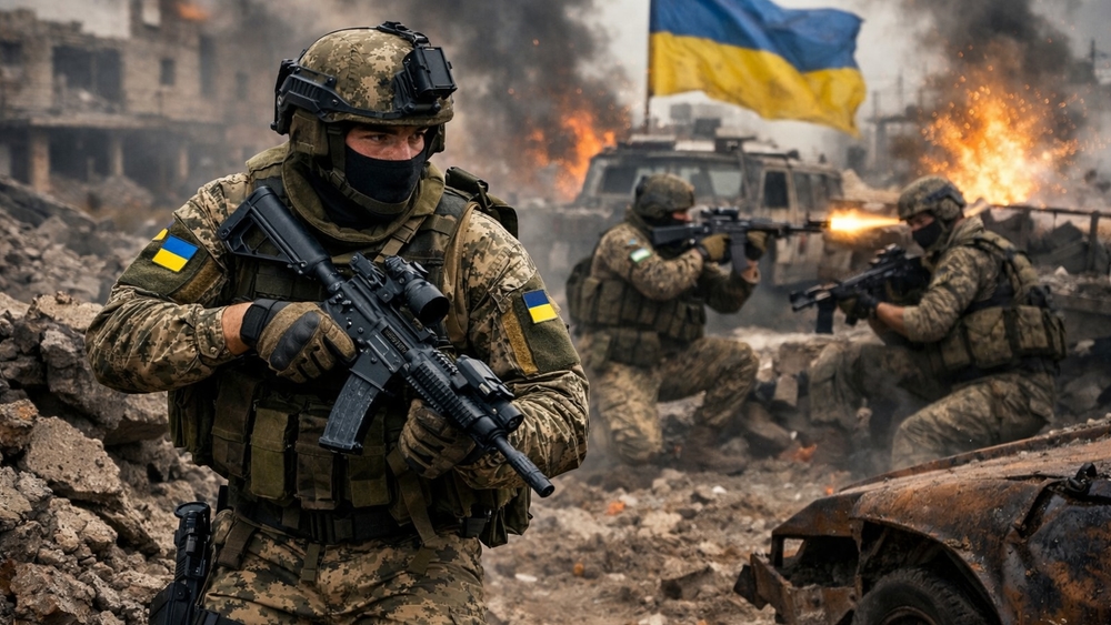 Ukrainian Infantry Holding the Line Amid Ruins and Fire wallpaper