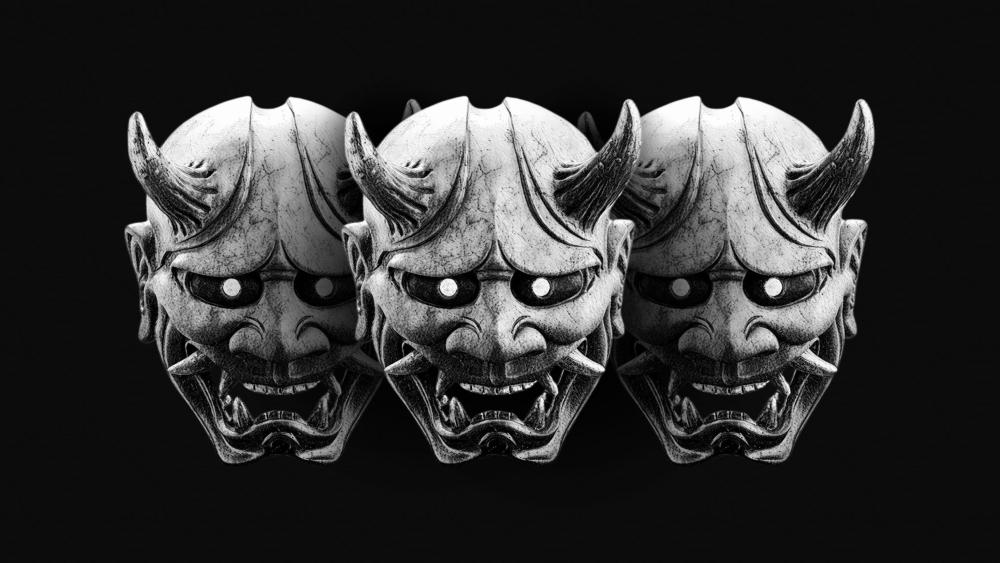 Monochrome Triple Oni Mask Guardian on Deep Black wallpaper