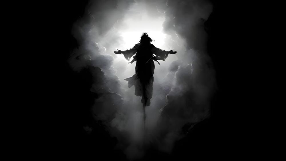 Ascendant Silhouette of Christ in Monochrome Light wallpaper