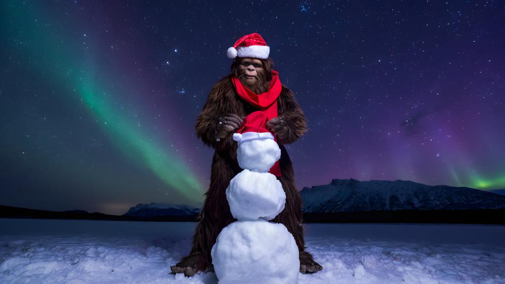 Santa Yeti Builds a Snowman Under the Northern Lights wallpaper