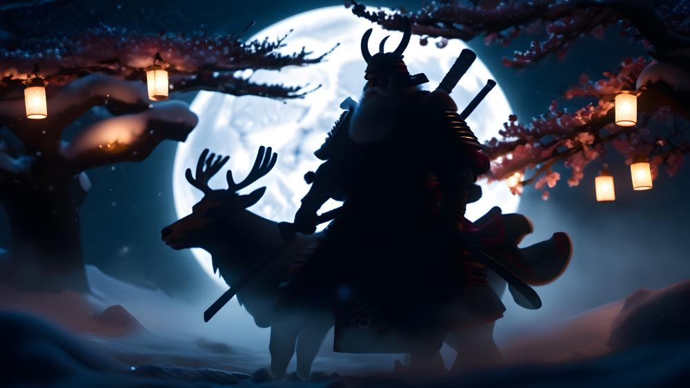 Moonlit Christmas Samurai Ride with Reindeer and Lantern Glow wallpaper