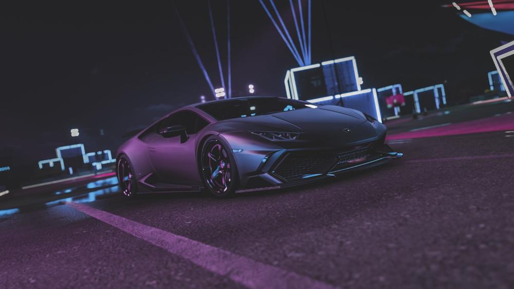 Purple Night Lamborghini Huracan Supercar Under Neon City Lights wallpaper