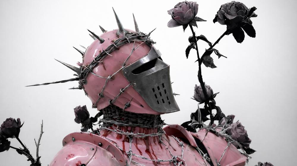 Pink Barbed Knight King Among Dark Roses on White wallpaper