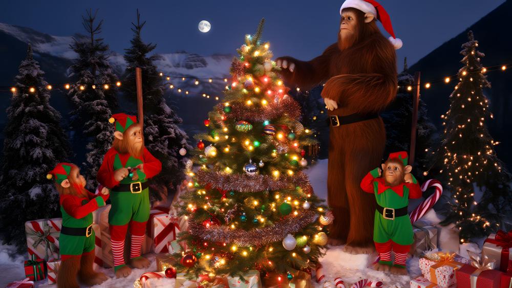 Bigfoot Family Christmas Celebration Under Moonlit Snowy Pines wallpaper