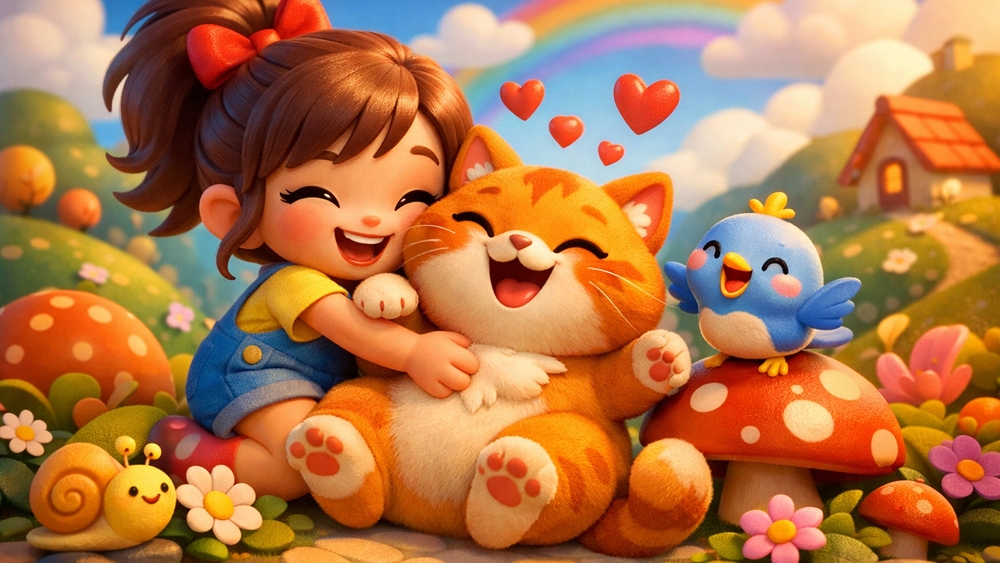 Kawaii Hugs in a Rainbow Meadow with Cat and Friends wallpaper