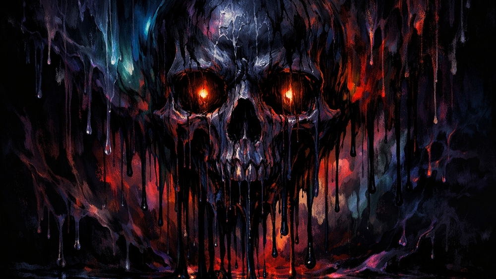 Dripping Demon Skull With Burning Glowing Eyes in Dark Fantasy wallpaper