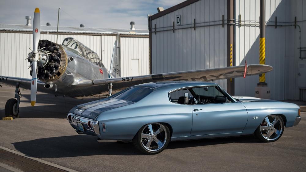 1972 Chevrolet Chevelle SS by a Classic Airplane Hangar wallpaper