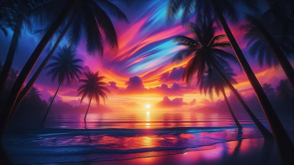 Neon Sunset Palms Over a Tranquil Ocean Shore wallpaper