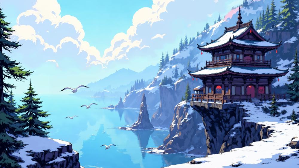 Serene Winter Pagoda Over Frozen Cliffs and Crystal Lake wallpaper