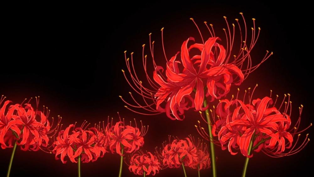 Crimson Spider Lilies Blooming in Darkness Anime Inspired Floral Wallpaper wallpaper