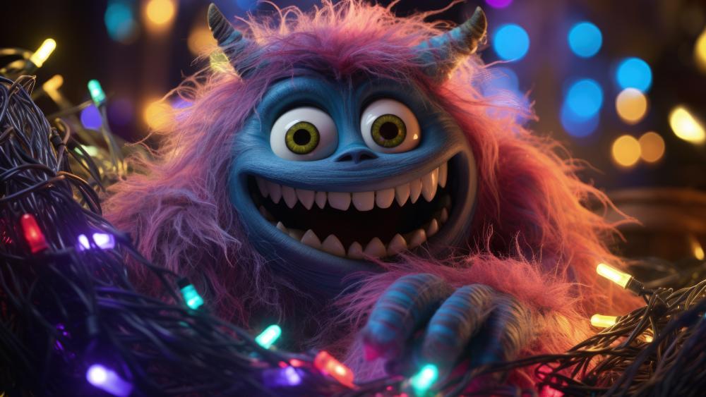 Cranky Holiday Monster Grin Among Twinkling Christmas Lights wallpaper