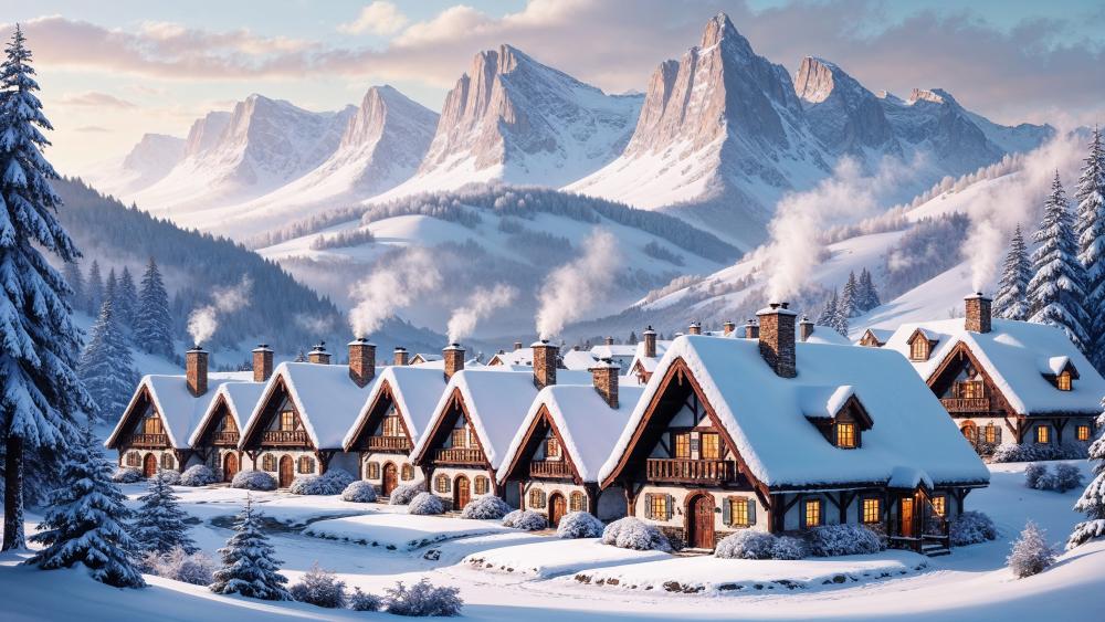 Enchanted Winter Mountain Village Under Dawn Peaks wallpaper