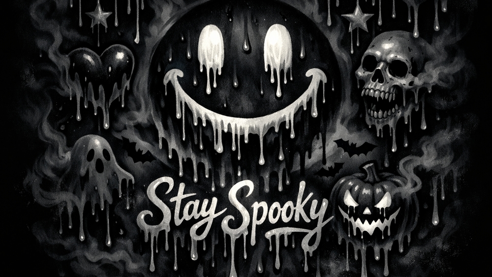 Dripping Smiley and Skull Stay Spooky Halloween Celebration Wallpaper wallpaper