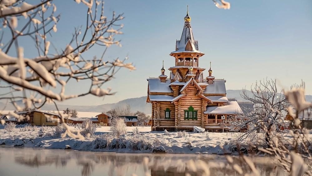 Winter Serenity at a Wooden Church in Novotyryshkino Altai Krai wallpaper