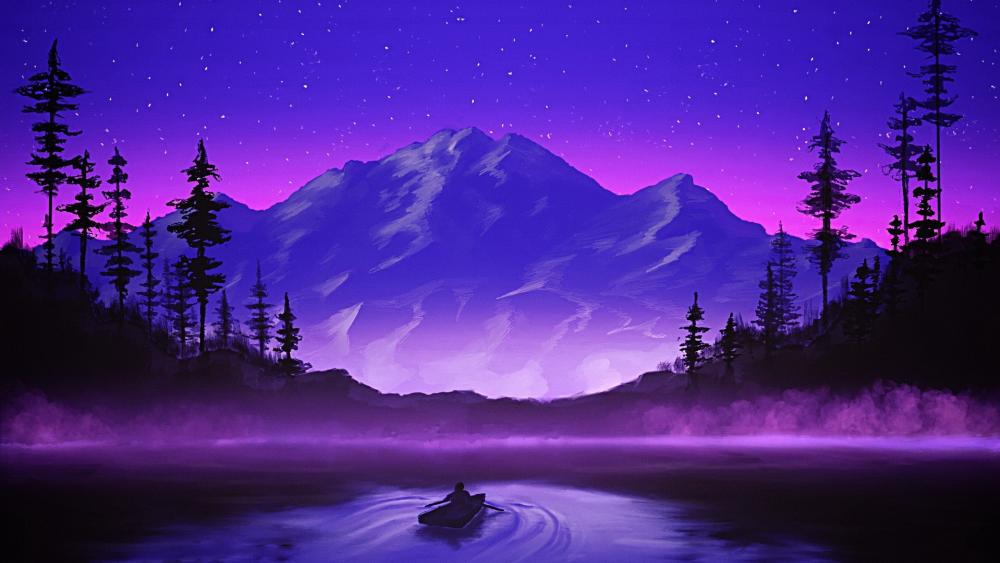 Midnight Boat Drift on a Violet Mountain Lake wallpaper
