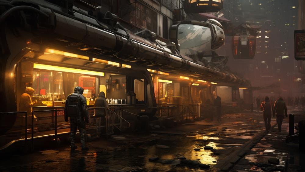 Neon Diner Under Elevated Rails in a Rainy Cyberpunk City wallpaper