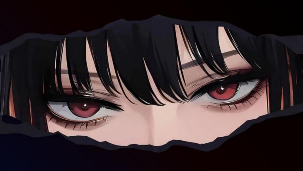 Crimson Anime Eyes Peeking Through Darkness Minimal Black Background Wallpaper wallpaper