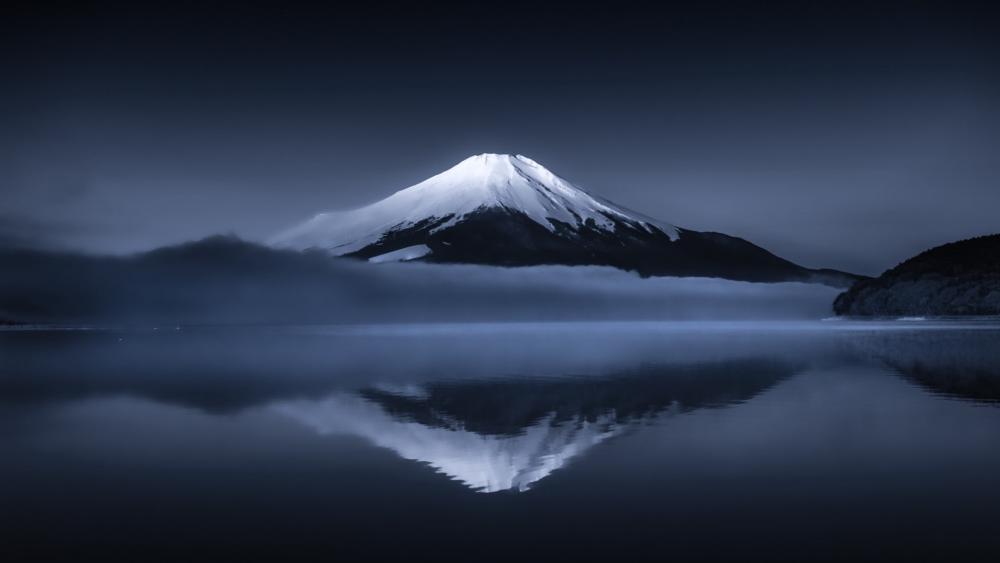 Monochrome Twilight Reflection of Mount Fuji Over a Silent Lake wallpaper