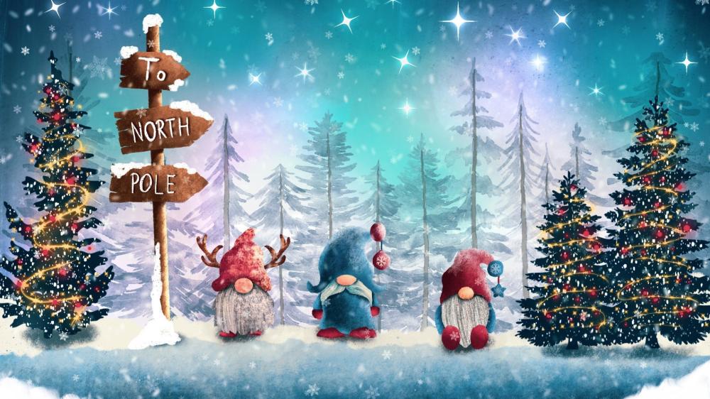 Whimsical North Pole Christmas Elves Under Twinkling Winter Stars wallpaper