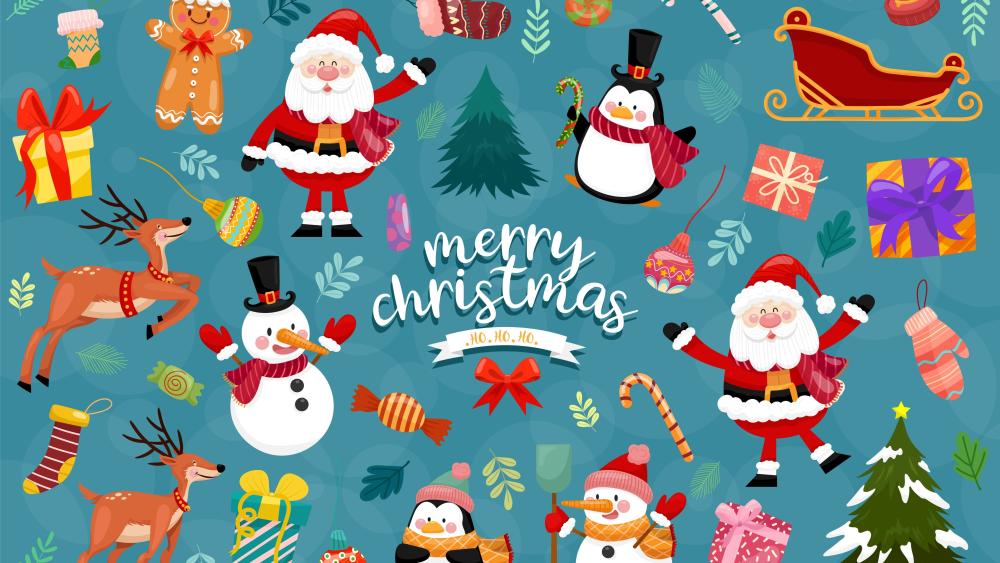 Festive Merry Christmas Illustration with Santa Reindeer Snowmen and Gifts wallpaper