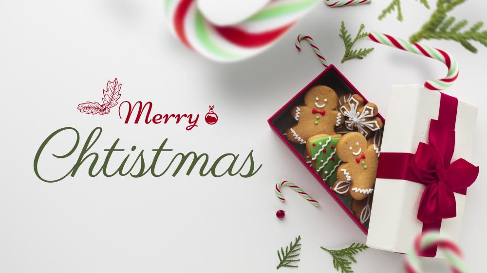 Merry Christmas Gingerbread Gift Box on Clean White Background wallpaper