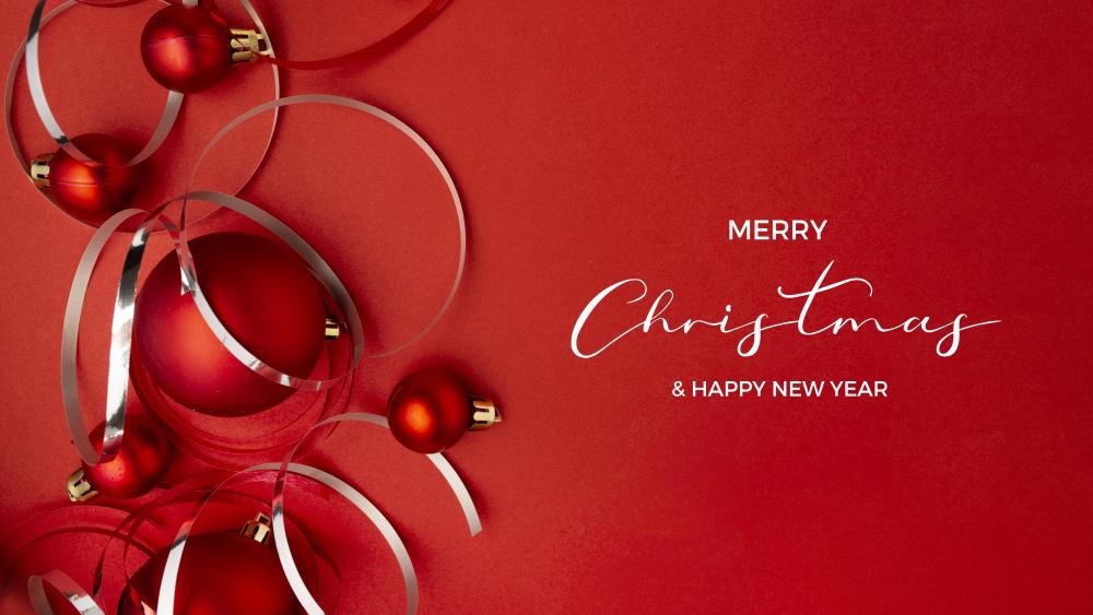 Elegant Red Christmas Ornaments with Merry Christmas Greeting in 5K wallpaper