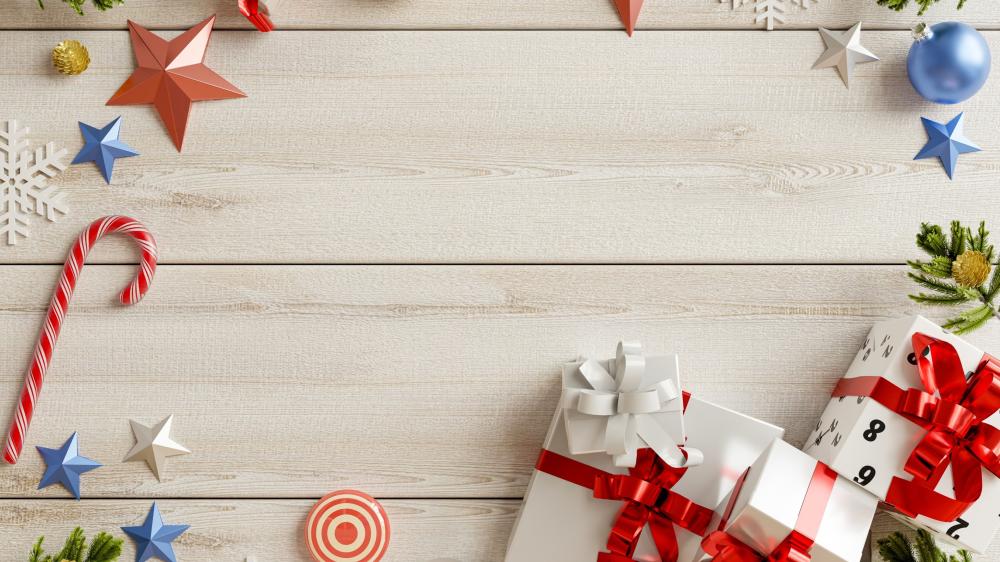 Festive Christmas Flat Lay with Gifts Stars and Candy Cane in 4K wallpaper