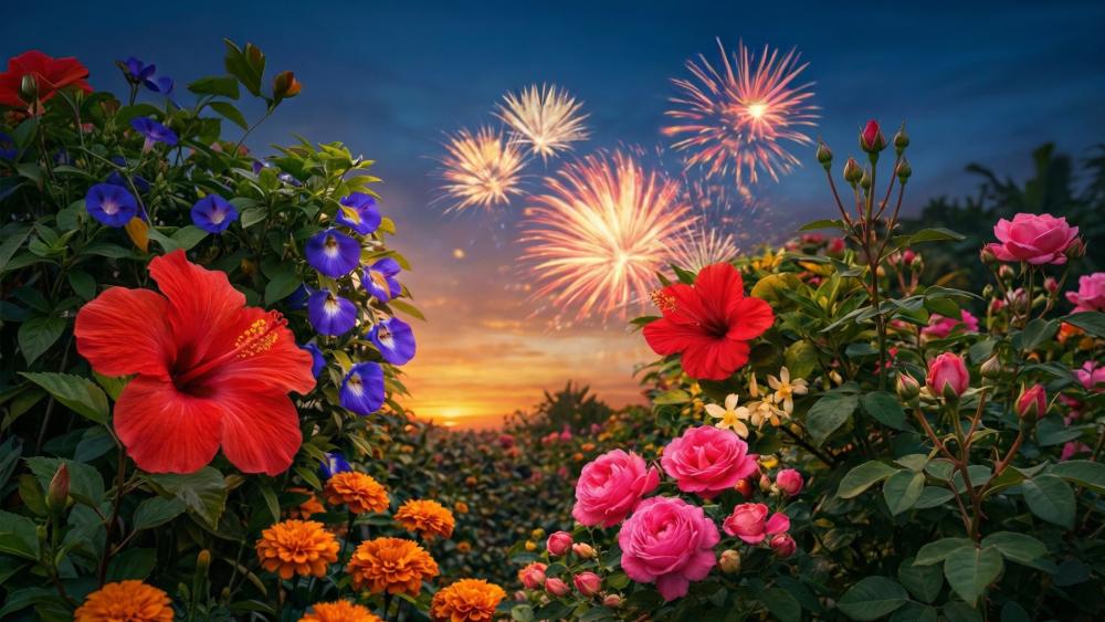 Hibiscus Garden Fireworks at Sunset in Vibrant AI Flower Fantasy wallpaper