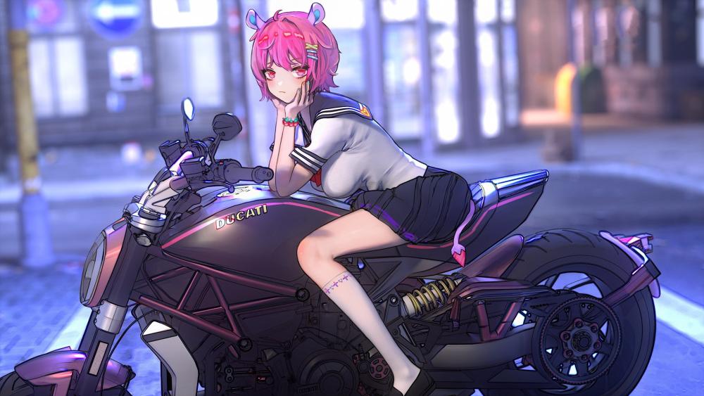 Pink Haired Anime Rider Resting on a Ducati at Dusk wallpaper