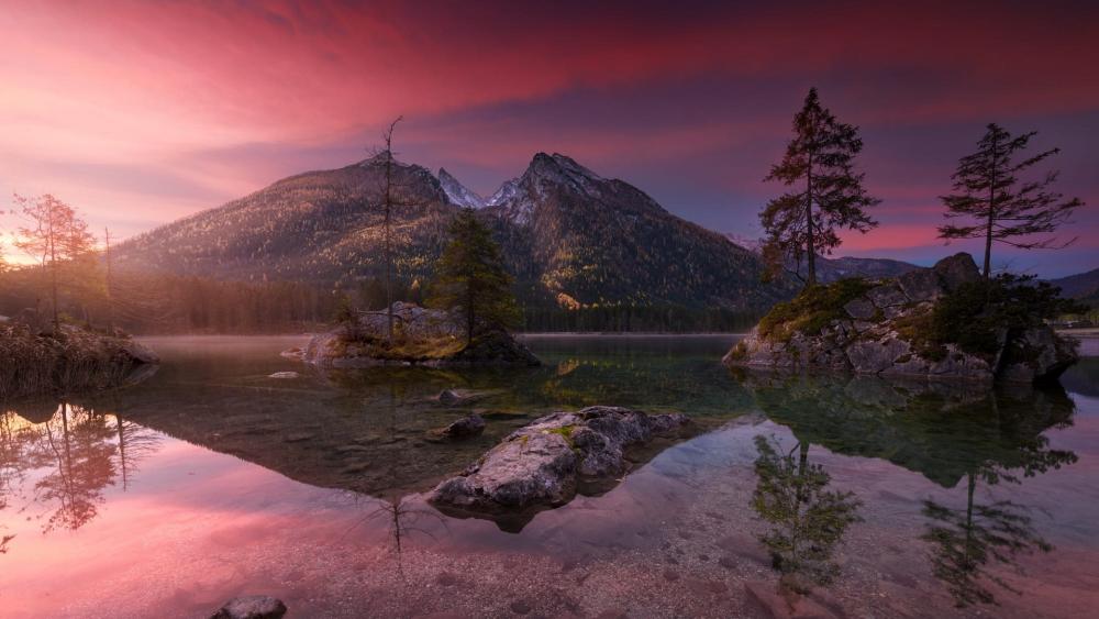 Pink Dawn Reflections Over Hintersee Lake and Alpine Islets wallpaper