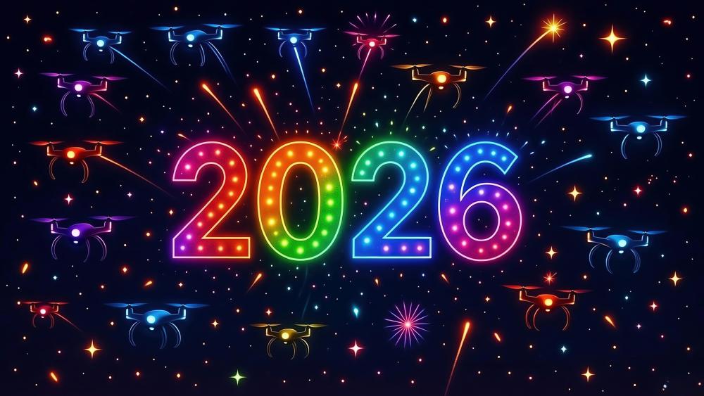 Neon Rainbow 2026 Celebration Sky with Drones and Fireworks wallpaper