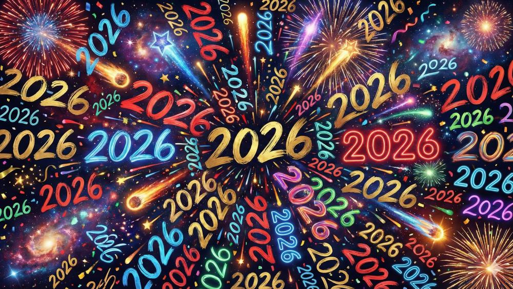 Radiant 2026 New Year Fireworks Burst in Cosmic Celebration wallpaper