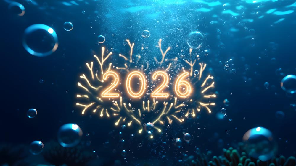 Underwater 2026 New Year Fireworks Glow in Deep Blue wallpaper