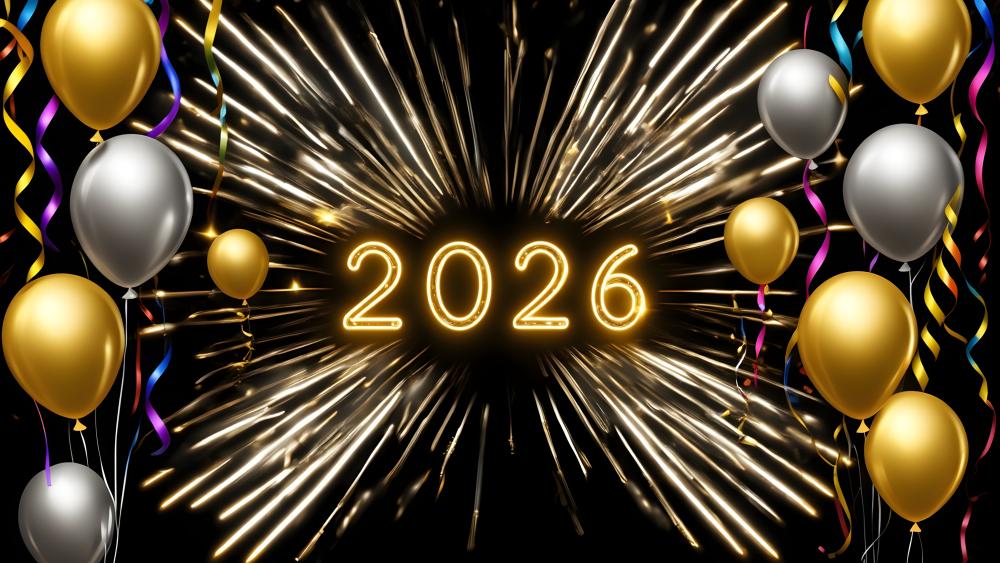 Glowing 2026 Fireworks with Gold and Silver Party Balloons wallpaper
