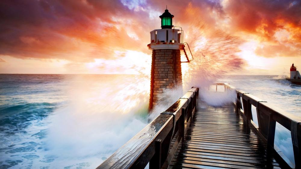 Sunset Lighthouse on Stormy Pier with Exploding Sea Spray wallpaper