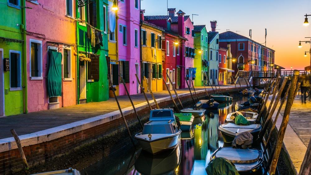 Twilight Canal Boats by Colorful Houses in Burano Venice Italy wallpaper