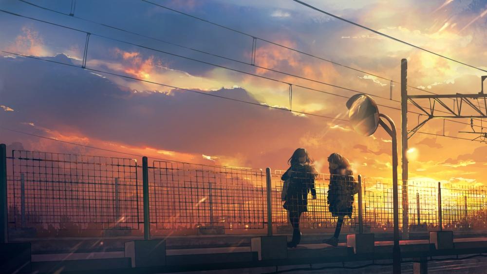 Golden Hour Farewell at the Quiet Anime Train Station wallpaper
