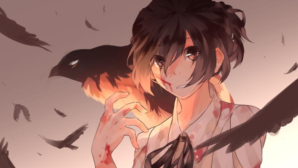 Featherstorm Resolve Manga Girl with Raven Wings at Dusk wallpaper