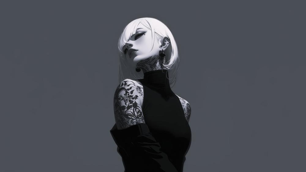 Monochrome Gothic Anime Girl With White Hair And Intricate Tattoos wallpaper