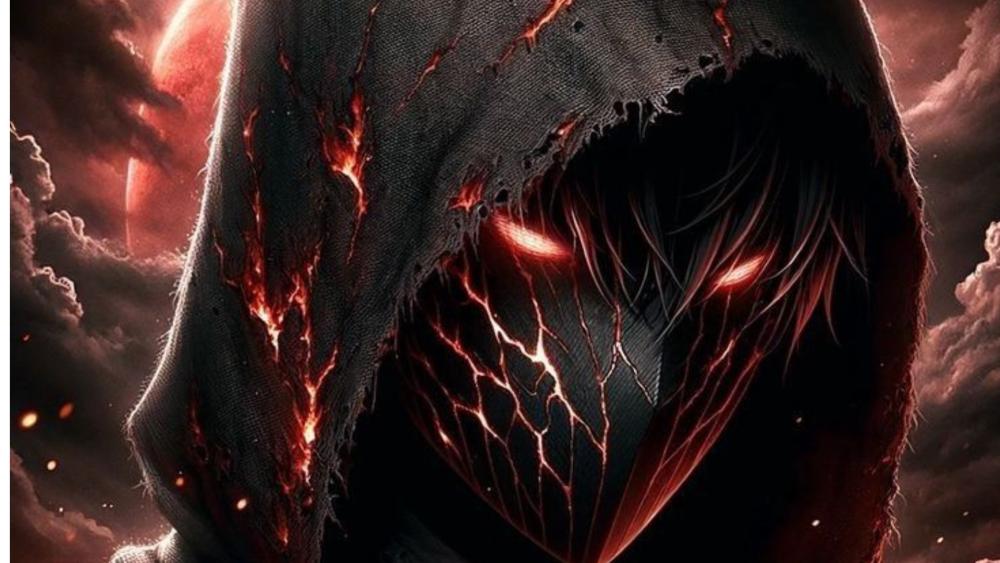Hooded Assassin with Molten Veins in a Dark Fantasy Sky wallpaper