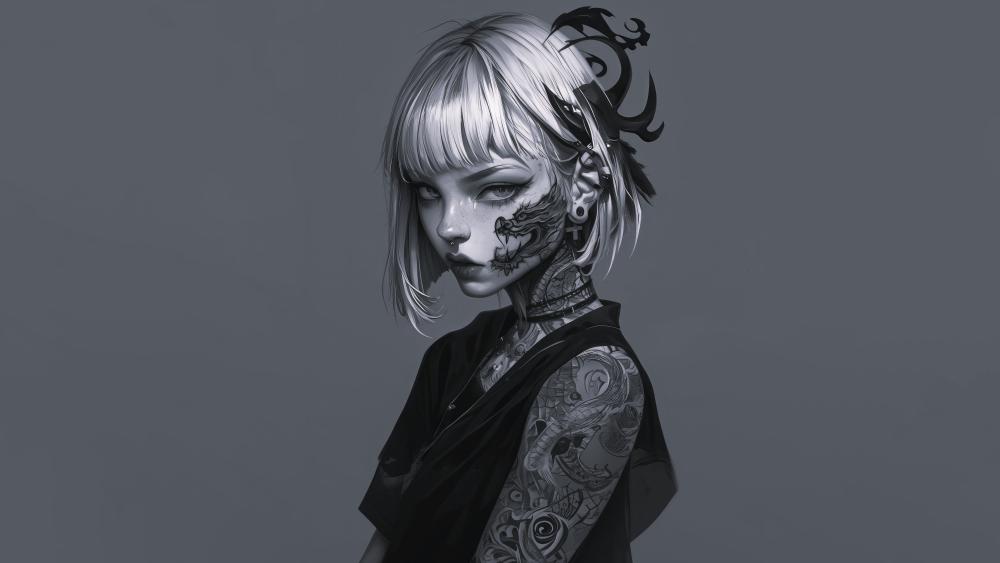 Monochrome Silver Haired Anime Girl with Inked Darkness wallpaper