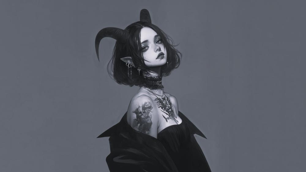 Gothic Demon Girl Portrait with Horns and Inked Elegance wallpaper
