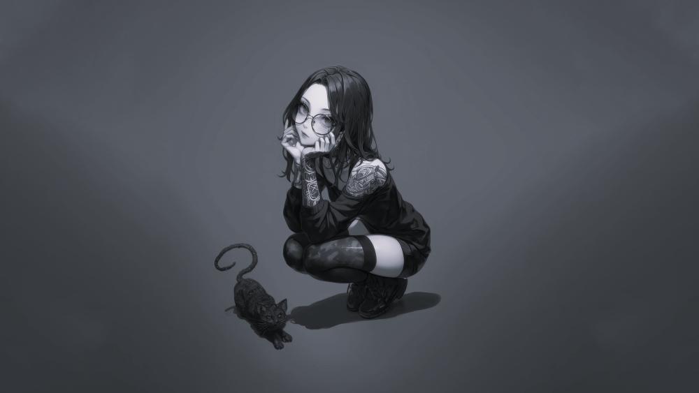 Monochrome Goth Anime Girl with Black Cat and Inked Sleeves wallpaper