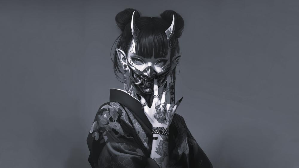 Monochrome Demon Horned Samurai Girl in Kimono Dark Fantasy wallpaper