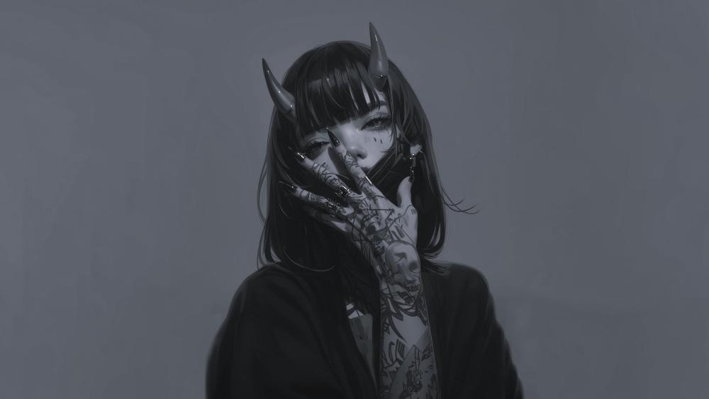 Monochrome Demon Horned Gothic Anime Girl with Long Hair and Tattoos wallpaper