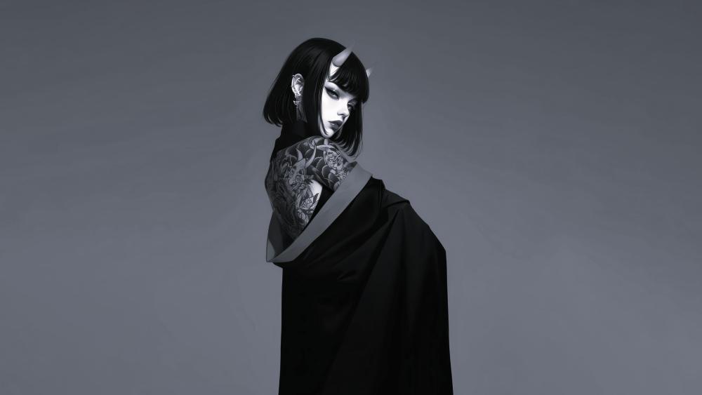 Monochrome Horned Goth Anime Girl in Silent Midnight Elegance wallpaper