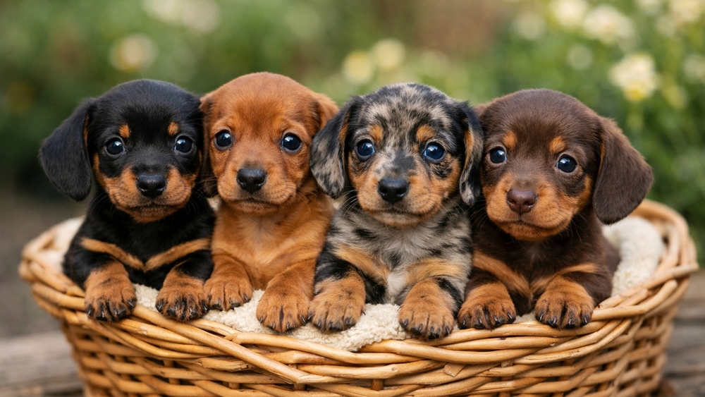 Adorable Dachshund Puppies in a Cozy Basket Garden Scene wallpaper