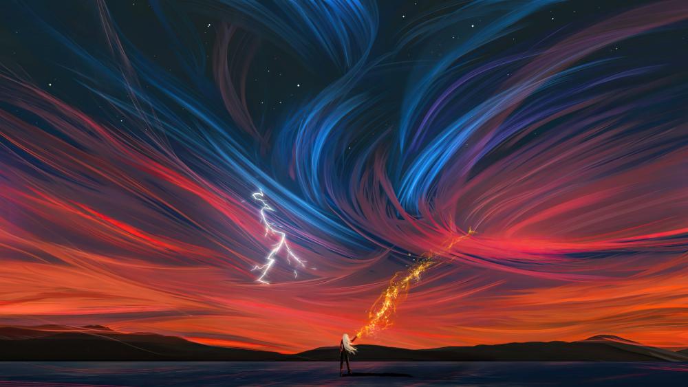Lone Spellcaster Facing a Celestial Vortex in an Epic Sky wallpaper