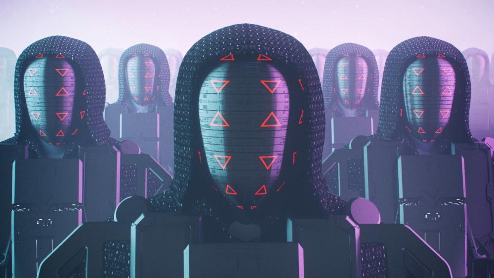 Neon Hooded Android Legion in a Cyberpunk Dreamscape wallpaper