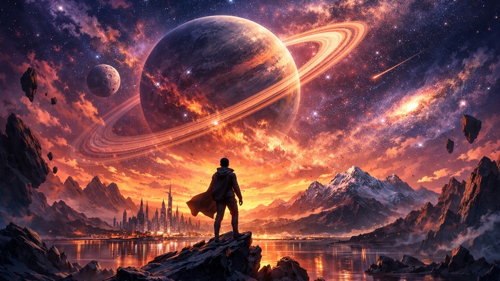 Watcher of the Ringed World Above an Epic Cosmic Horizon wallpaper